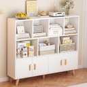 OSCHF Cubby Shelf Bookcase with Doors - Wooden 11 Cube Floor Standing Open Bookshelf with Solid Wood Legs, 3-Tier Storage Cabinet, Warm White