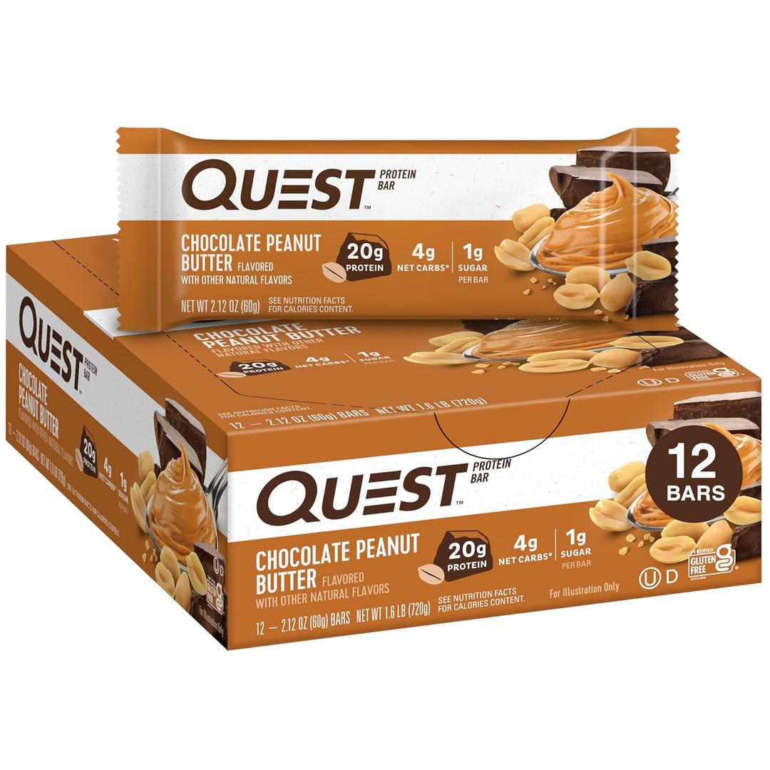 Quest Nutrition Chocolate Peanut Butter Bars, 20g Protein, 1g Sugar, 5g Net Carb, Gluten Free, Keto Friendly, 12 Count (BB: 04/28/2026)