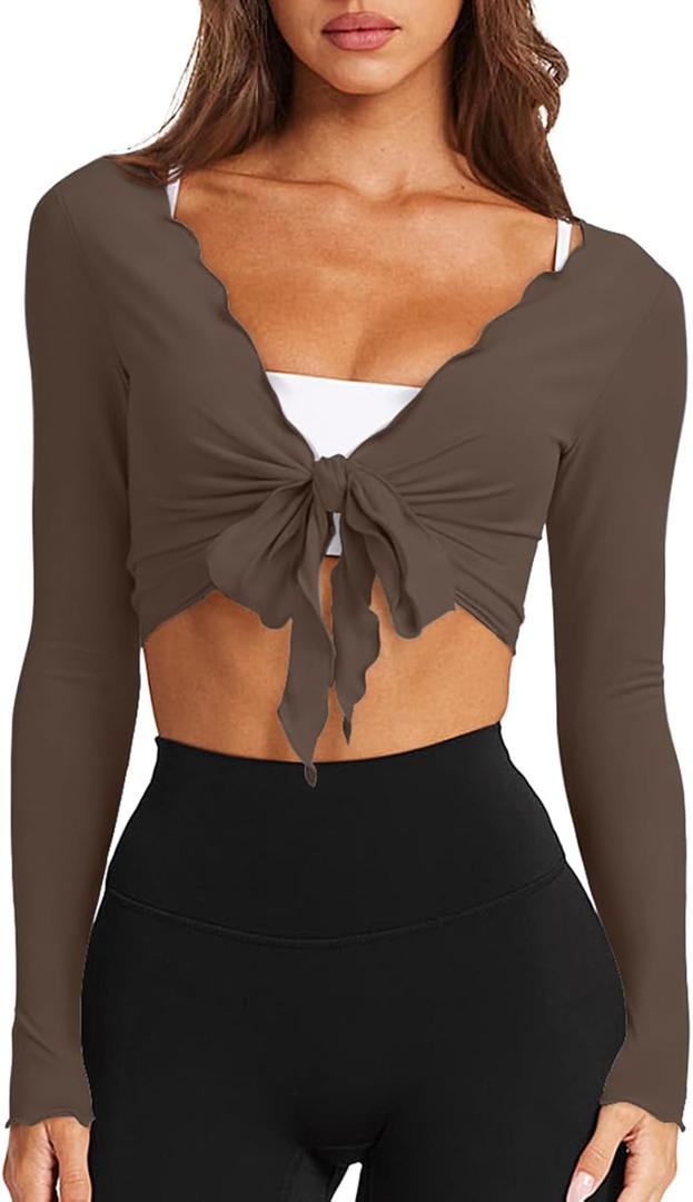 LASLULU Womens Tie Front Wrap Tops Long Sleeve Bolero Shrugs Crop Cardigan Yoga Ballet Cover up Tops Pilates Outfits (Large, Coffee)