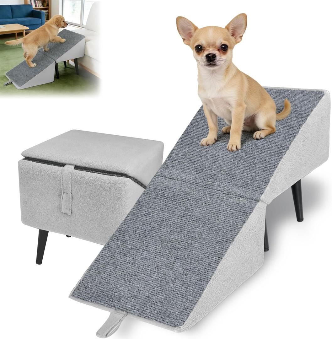 Split Ottoman Dogs Ramp, Dog Ramp for Couch and Bed, Dog Stairs for Small Dogs and Cats, 2-in-1 Foldable Wooden Pet Stairs and Ottoman, Non-Slip Fabric Surface, Lightweight Ramp for Couch and Bed Gray