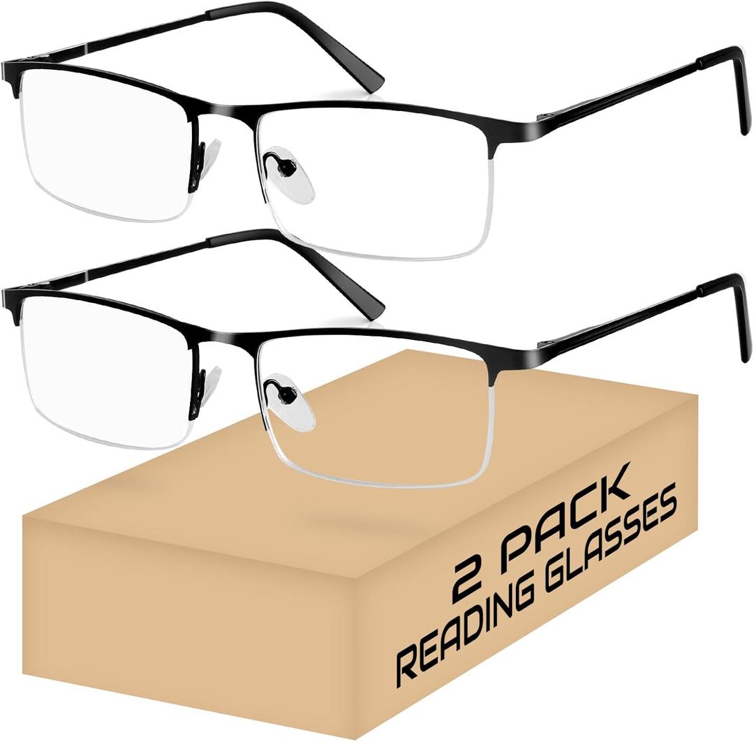 2 Pack Reading Glasses for Men, Lightweight Metal Half Frame Blue Light Blocking Computer Eyeglasses,Spring Hinges Anti Eyestrain/Glare/UV Readers(Black 3.5)