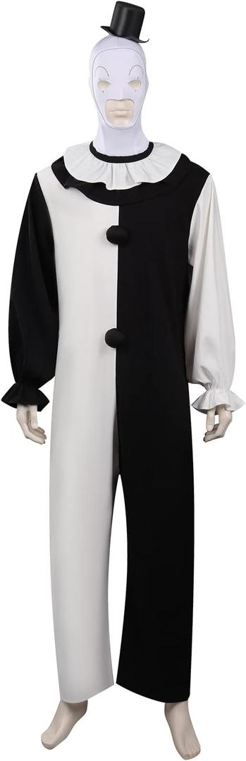 Feeriay Art Clown Cosplay Costume Outfits the Killer Art Clown Jumpsuit Bodysuit Headgear for Halloween (Small, Black and White)