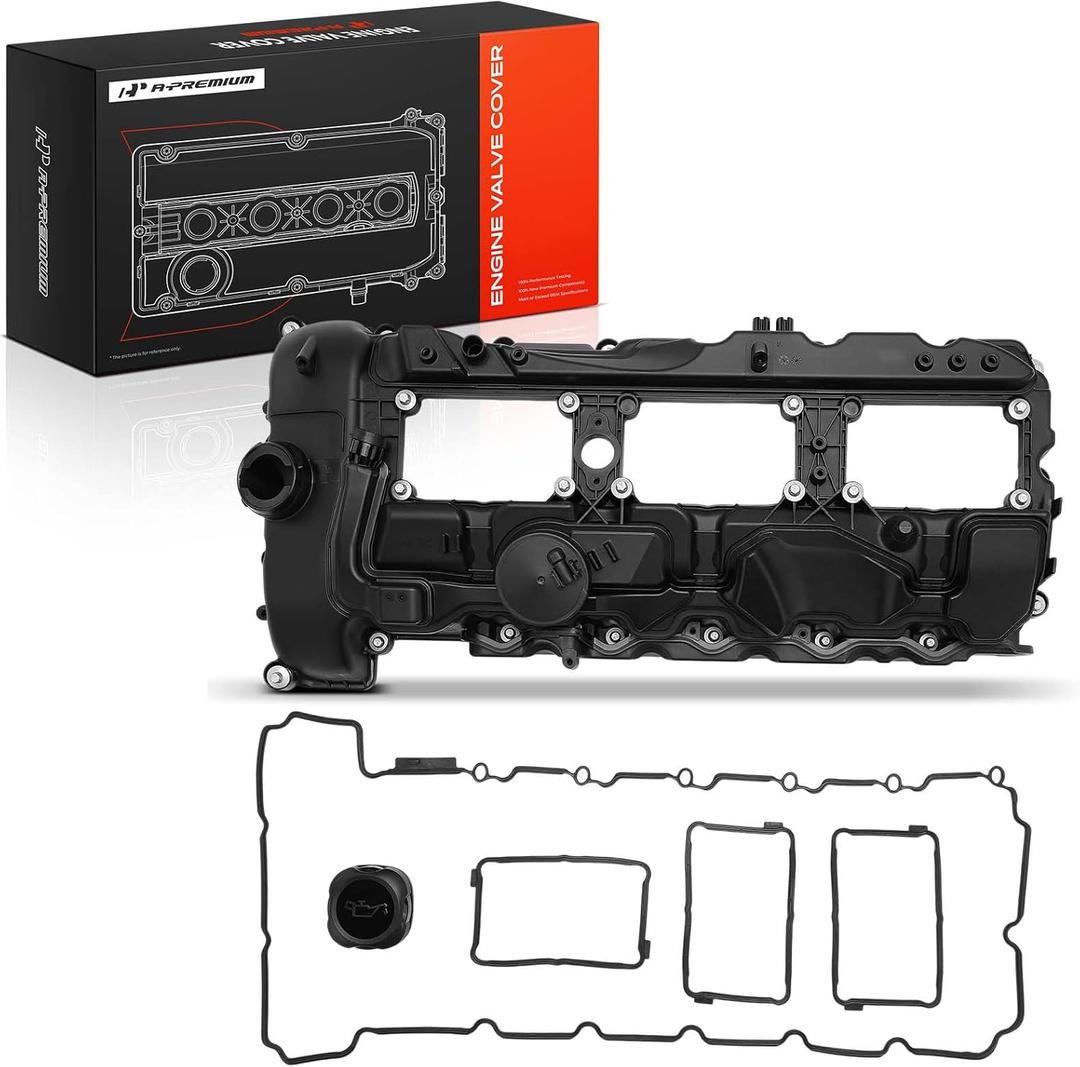 A-Premium N55 Engine Valve Cover Kit with Gasket & Bolt & Oil Cap Compatible with 2011-2019 BMW Model - 328i 335i 435i 530i 535i 640i 740i 740Li (xDrive) X3 X5 X6, 3.0L Turbo, Replace # 11127570292