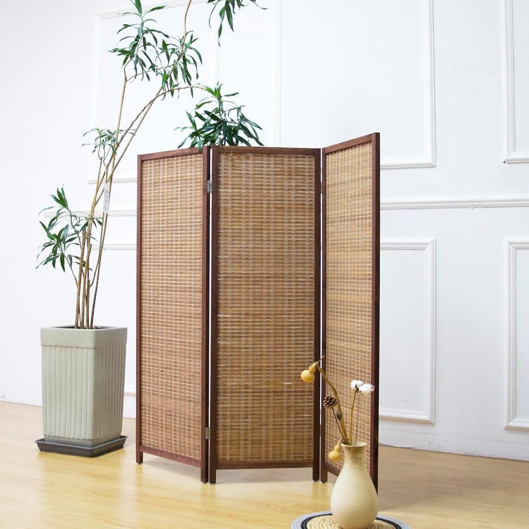Furnnylane 3 Panel Short Room Divider Screen,Brown Freestanding Partition,Small Bamboo Panel Divider for Room Seperation,3.95 FT Tall