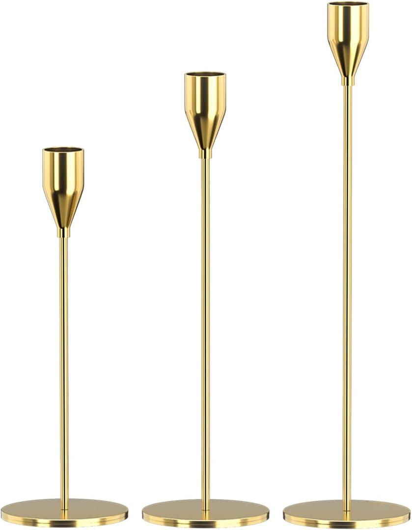 Candle Holders Set of 3 for Taper Candles, Decorative Candlestick Holder for Wedding, Dinning, Party, Fits 3/4 inch Thick Candle&Led Candles (Metal Candle Stand) (Gold)