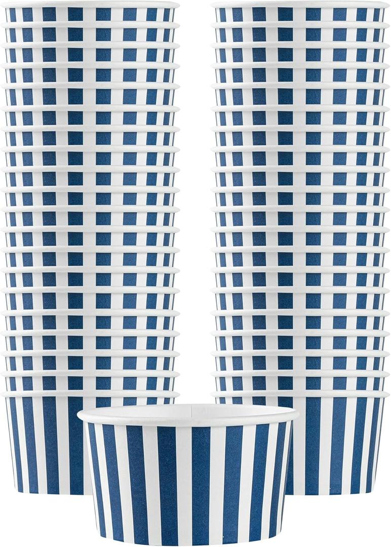 Restaurantware Coppetta 8 Ounce Dessert Cups, 50 Disposable Ice Cream Cups - Lids Sold Separately, Sturdy, Blue And White Paper FroYo Bowls, Striped, For Hot And Cold Foods, Perfect For Gelato
