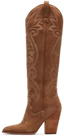 VOMIRA Knee High Cowboy Boots for Women Pointed Toe Chunky High Heels Pull-on Embroidered Boots Western Boots Wide Calf Cowgirl Boots, Size 7,5