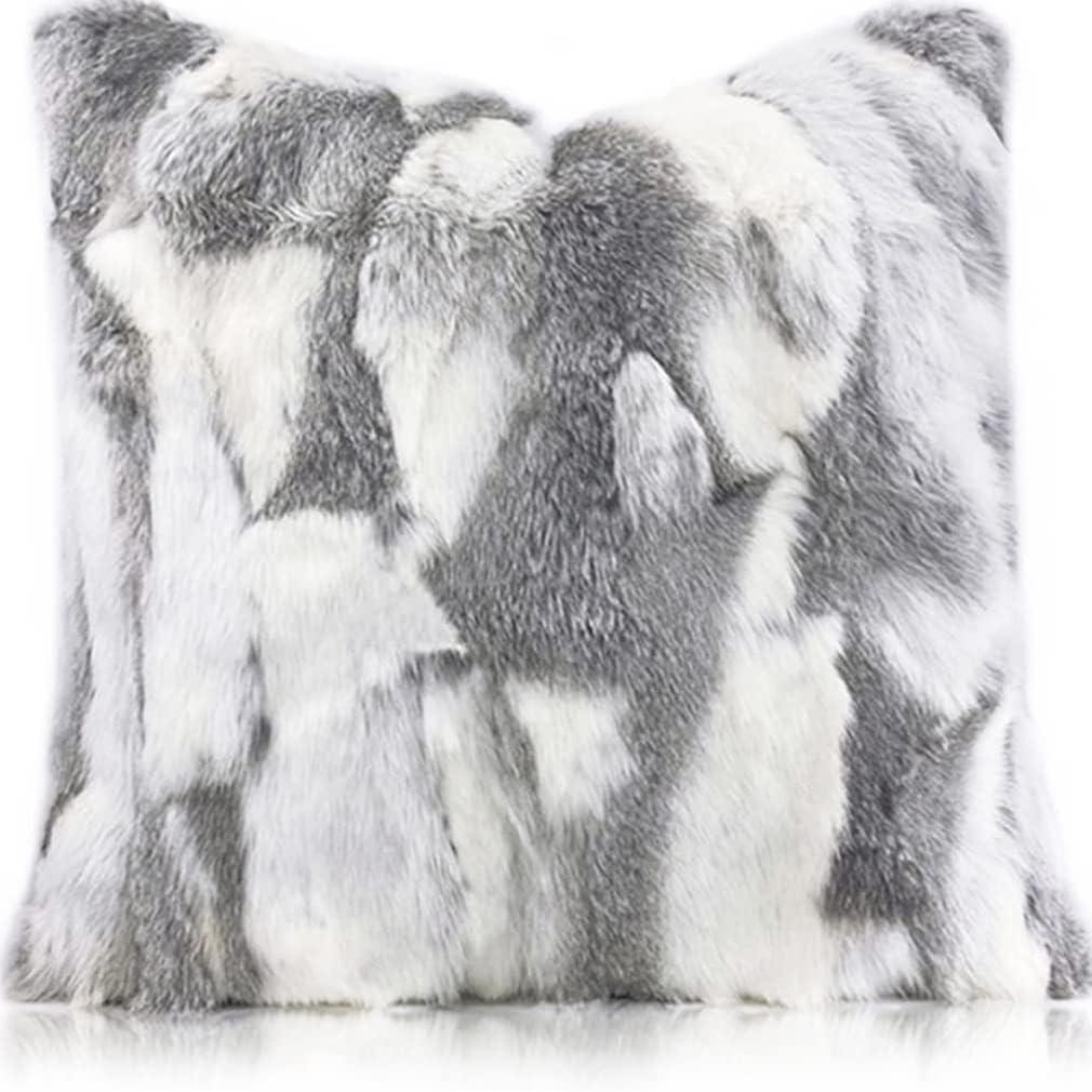 Genuine Natural Fur Pillow Covers, Real Rabbit Fur 20x20 Throw Pillows, Super Soft Silky Pillowcase, Animal Skin Cushion Cover for Couch Sofa Living Room Bedroom Decor, Gray White