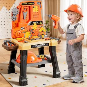 Kids Tool Bench Set with Electric Drill and Realistic Tool, Pretend Play Construction Workbench Toys for Toddlers Ages 3-5 Years Old, Birthday Gifts for Boys Age 3 4 5 6 7 8 Year Old (Orange)