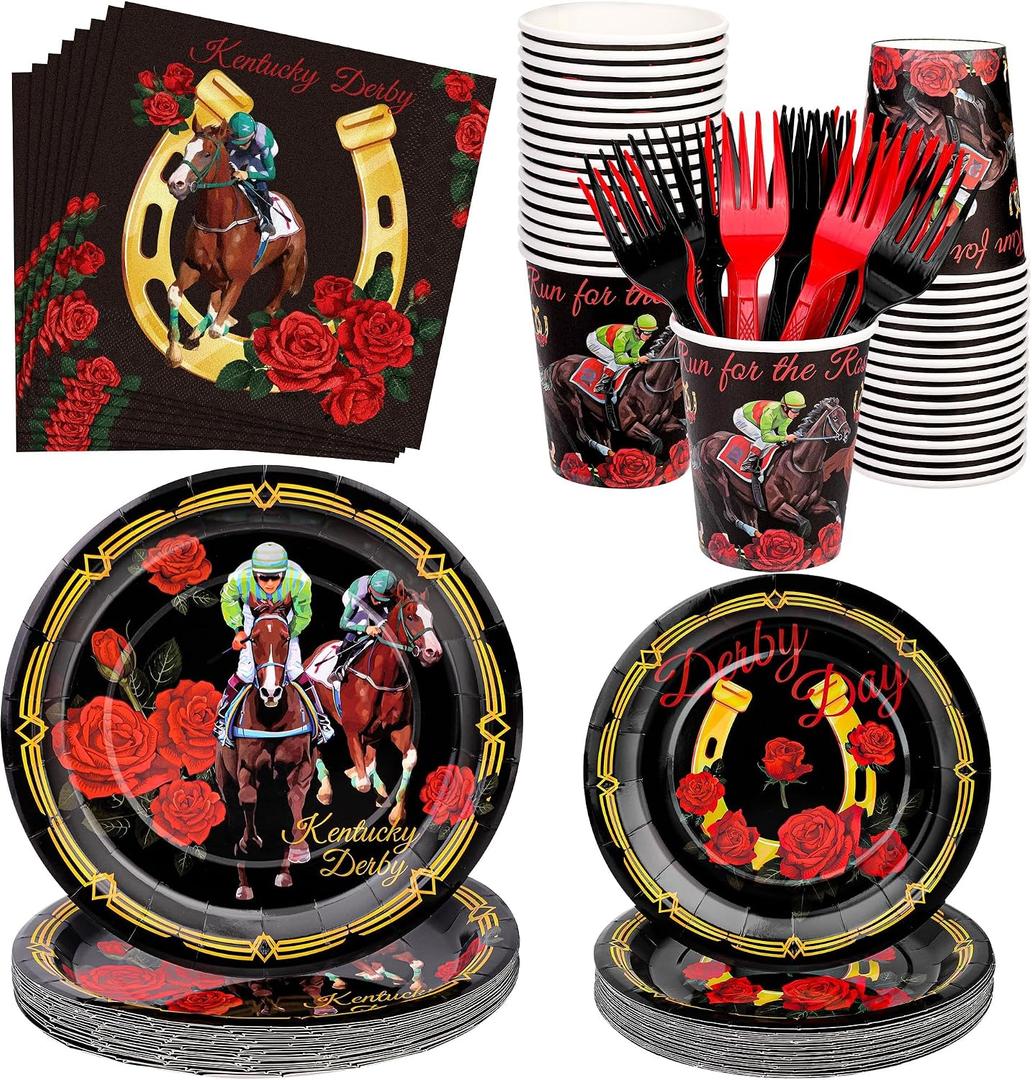 Kochorie 144 Pieces Kentucky Derby Horse Racing Party Tableware Sets Including Disposable Plates Napkins Cups Forks Serves 24 for Derby Day Horse Theme Party Supplies