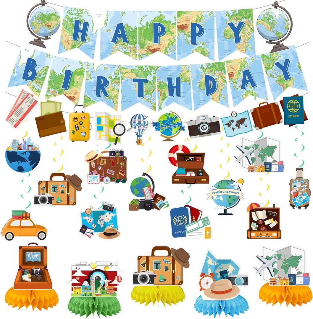 2 x Travel Birthday Party Decorations, Adventure Begin Party Decorations for Around The World Party Graduation Farewell Retirement Party Supplies