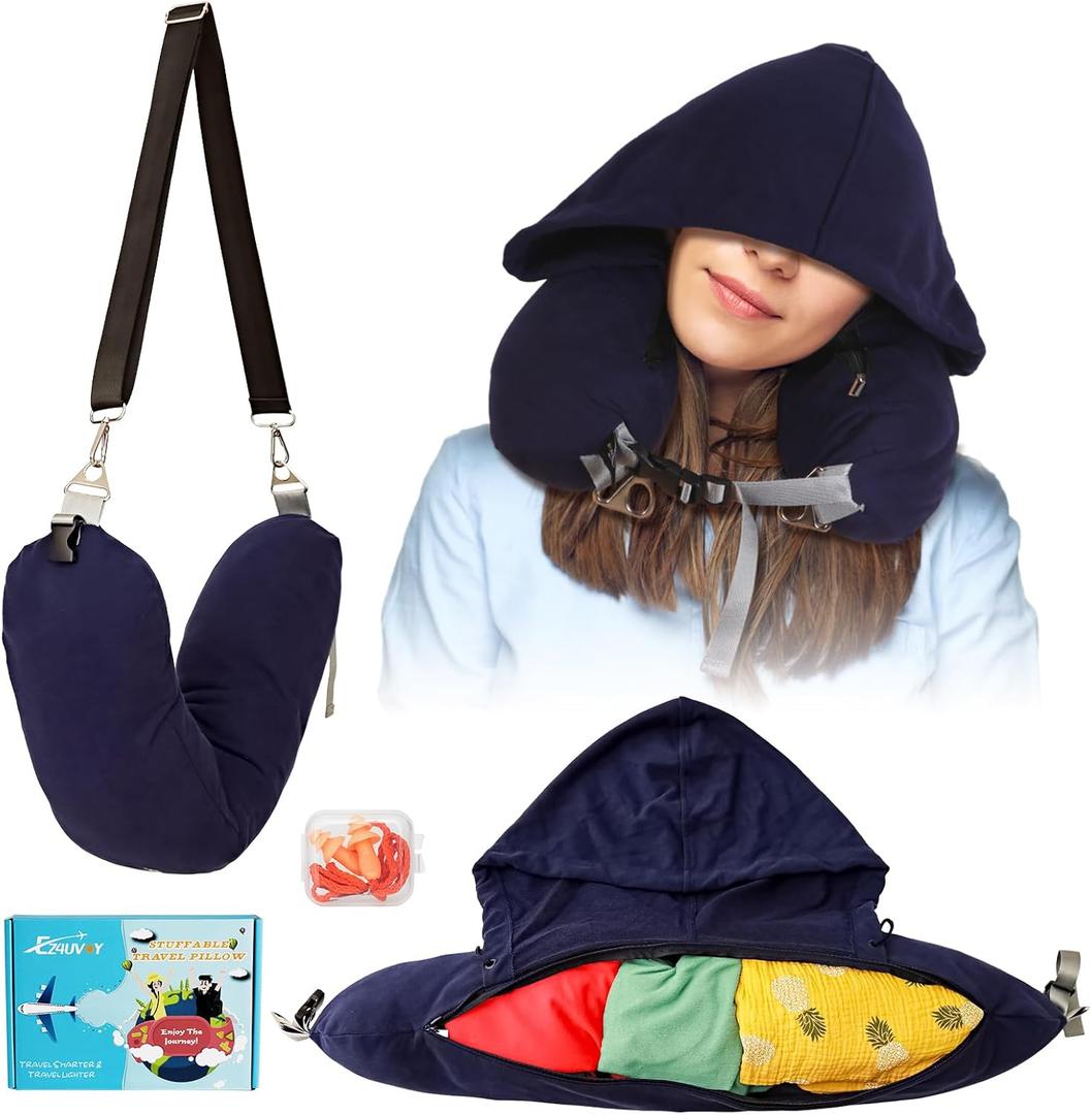 Stuffable Neck Pillow for Travel with Hood, Hoodie Travel Pillow Stuffable with Clothes, Fillable Travel Pillow Storage Bag, Soft Empty Neck Pillow Case, Packable for Airplane Travel Essentials (Blue)