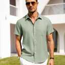 Alimens & Gentle Mens Linen Shirts Short Sleeve Button Down Shirts Wrinkle Free Casual Vacation Beach Summer Tops (Green, XL)
