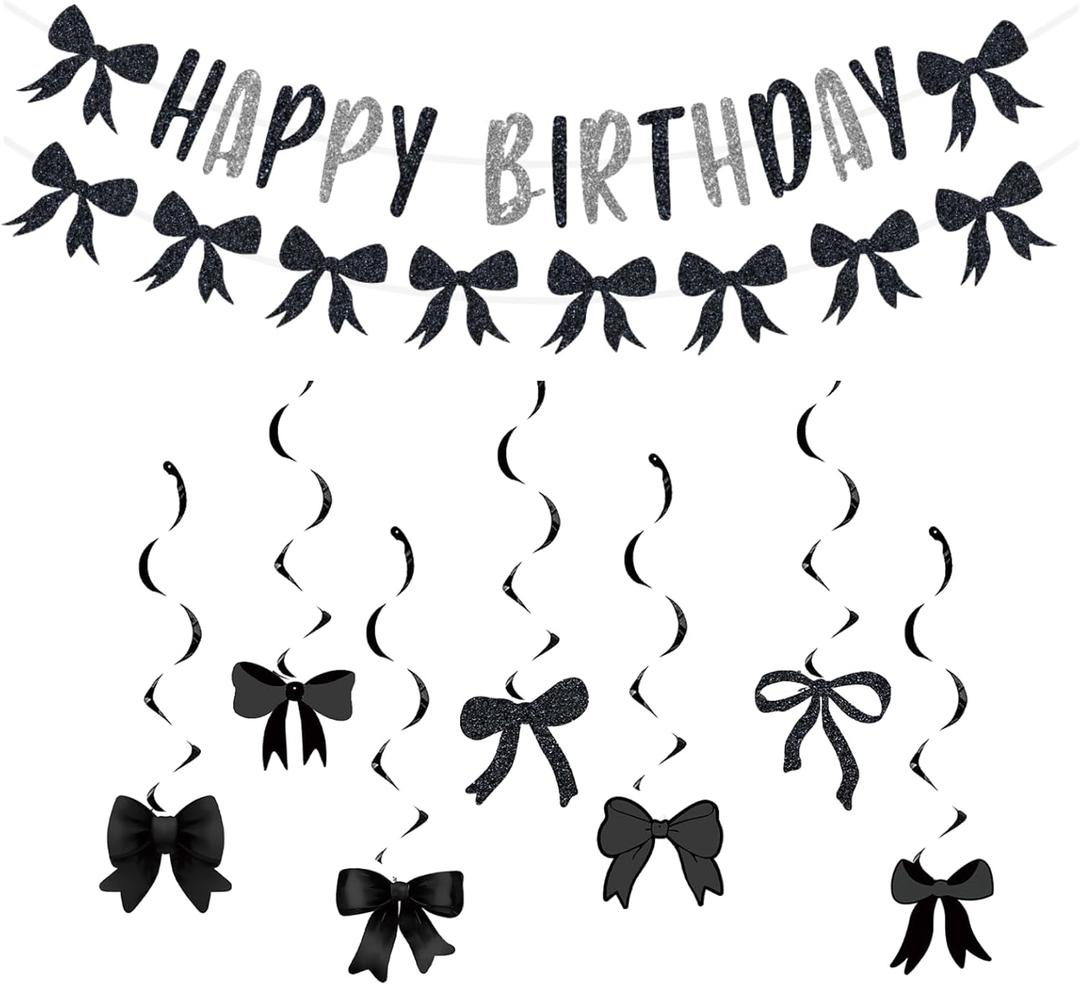 Black Bow Birthday Party Decorations, Bow 'HAPPY BIRTHDAY' Banner,Garland Banner, Hanging Swirls Party Decorations for Girls and Boy