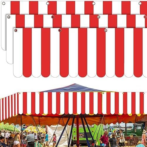 Preboun 6 Pcs Carnival Awning Decorations Tent Circus Hanging Decorations Carnival Banner Concession Stand Sign Canopy Awning for Pirate Summer Party, 9.84''x78.74''(Red and White)