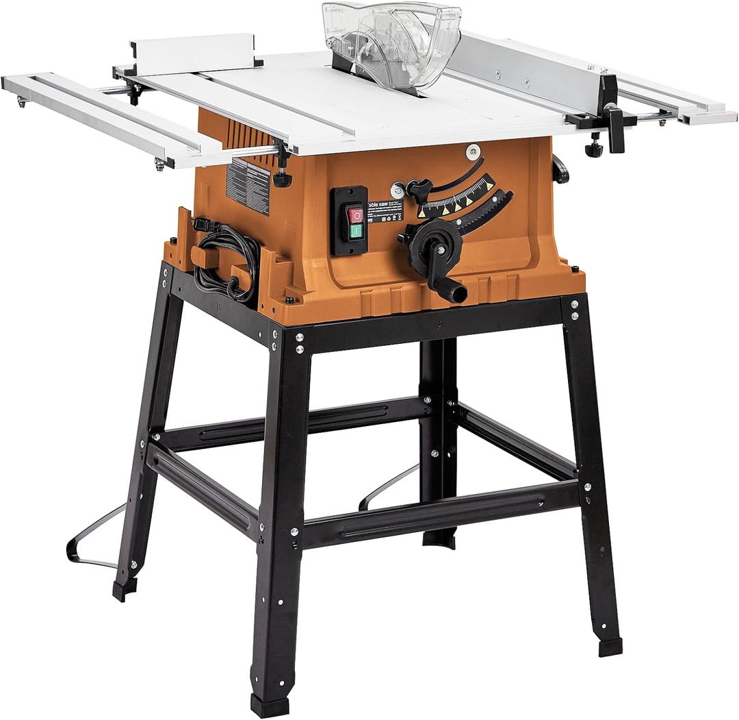 Table Saw, 10 Inch 15A Multifunctional Saw With Stand & Push Stick, 90 Cross Cut & 0-45 Bevel Cut, 5000RPM, Adjustable Blade Height for Woodworking, Orange
