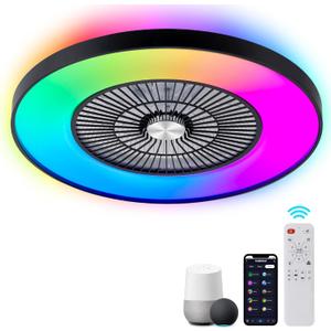 24" Bladeless Ceiling Fans with Lights and Remote/APP/Voice Control, Low Profile Ceiling Fan with RGB Lights, Enclosed Flush Mount Ceiling Fan for Kid's Bedroom/Living Room