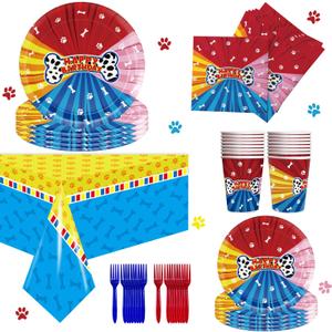 Dog Paw Birthday Party Supplies, 97 PCS Colorful Dog Bones Paw Party Decorations Favors, Includes Dog Bones Tablecloth, Disposable Paper Plates, Forks, Napkins and Paper Cups, Serves 16 Guests