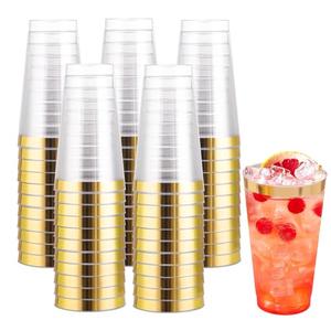 I00000 16 oz Gold Plastic Cups, 100 Pack Clear Plastic Cups Tumblers Gold Rimmed Cup, Heavy-duty Disposable Cup Perfect for Wedding & Party