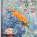 SIXWOOD Monet Water Lilies Whimsical Orange Cat Canvas Wall Art, Bathroom | 16x24 in, Water Lily Pond Picture, Pet Framed Print for Kids Bedroom Living Room, Van Gogh Inspired Wall Decor, Ready to Hang