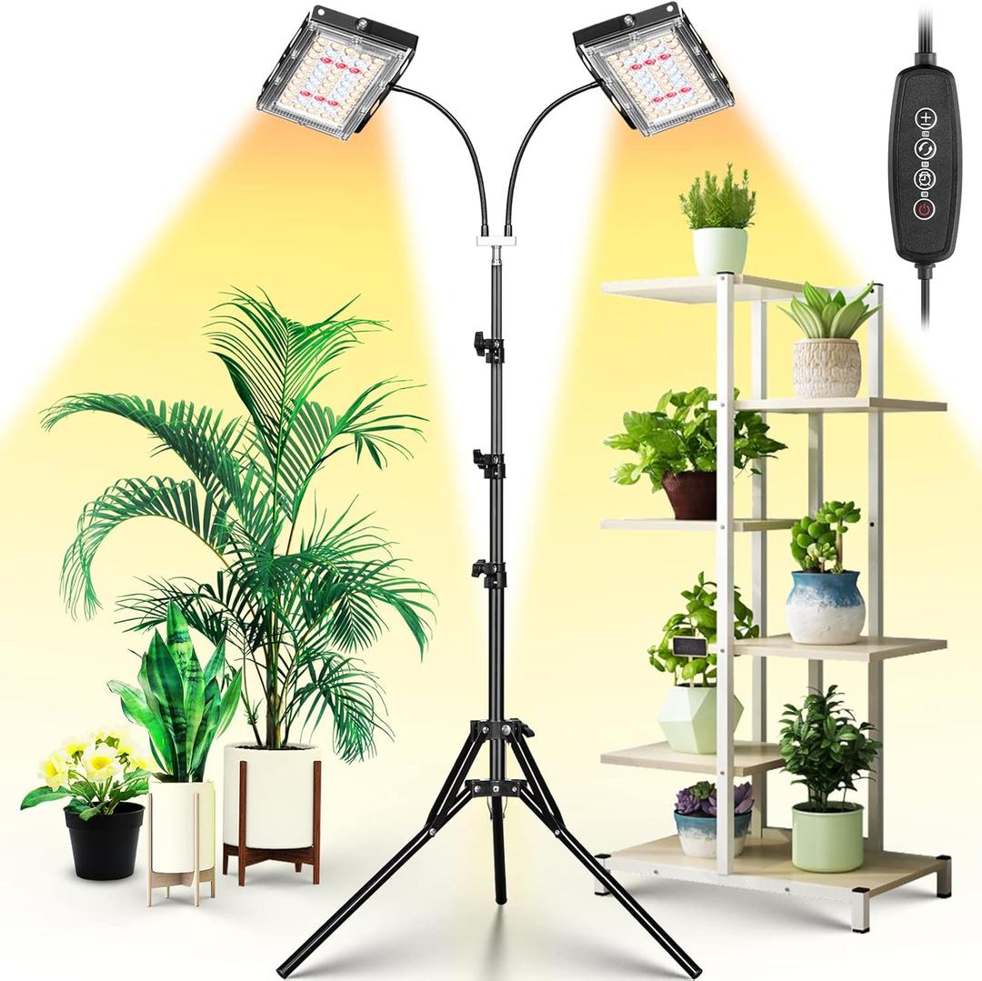 LBW Grow Light for Indoor Plants, Dual Heads Full Spectrum LED, Auto On/Off Timer, 6 Dimmable Levels, 3 Switch Modes, Adjustable Tripod Stand 15-63 inches (Black)