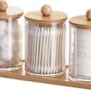 Tbestmax 10 oz Qtip Holder with Vanity Tray, 3 Pack Cotton Swab/Ball/Pad Dispenser Apothecary Jar, Clear Bathroom Containers Dispenser for Storage Bamboo Lids