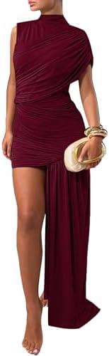Kwunbwa Women's Sleeveless Ruched Maxi Dress Sexy Irregular Bodycon Casual Elegant Club Party Cocktail Long Dresses M