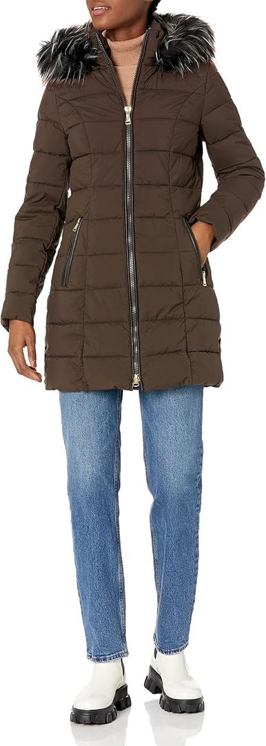 Laundry by Shelli Segal Women's Stretch Quilted Puffer Jacket – Long Winter Coat With Faux Fur Hood, XX-Large, Coffee