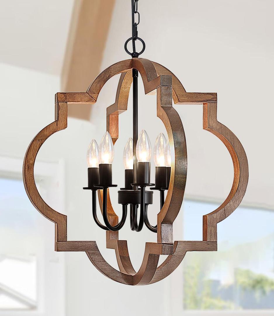21.65'' Farmhouse Wood Chandelier, 6-Light Rustic Dining Room Light Fixture, Orb Chandelier Light Adjustable Height, Wood Pendant Lighting for Kitchen Island Foyer Living Room Hallway