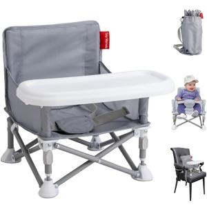 Tiny Marvels Portable Booster Seat, Foldable Baby High Chair with Removable Tray, Safety Harness & Carry Bag  for Toddlers Ages 6M-3Y, Ideal for Dining, Travel, Camping & Family Time (Grey)