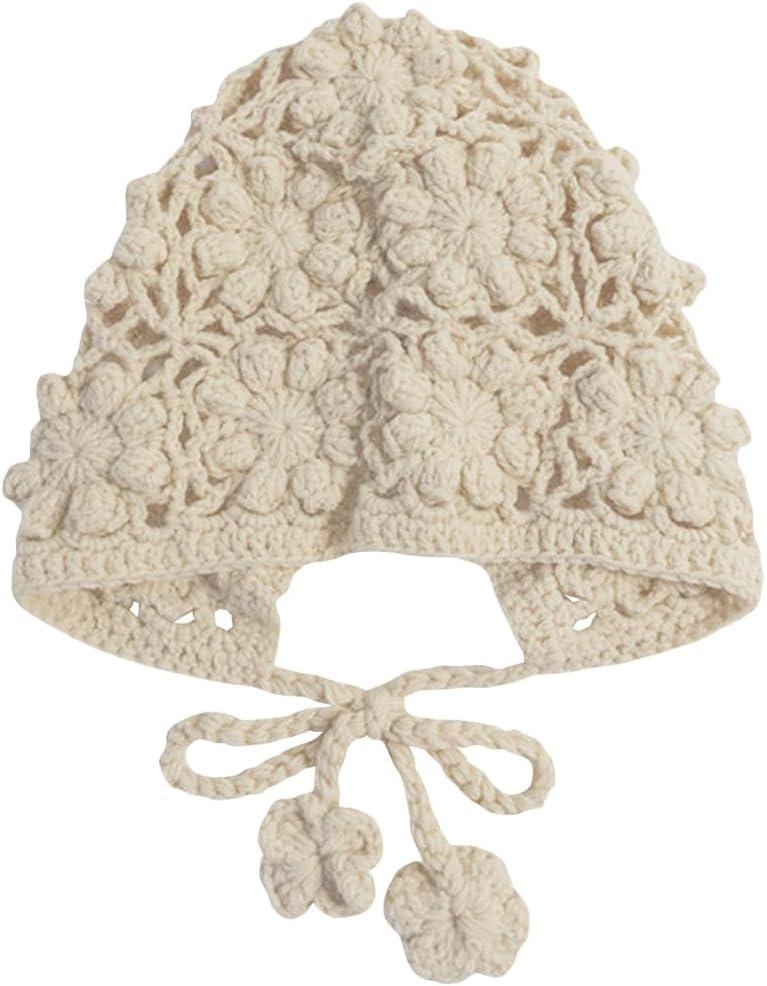 KABAKE Toddler Girl Beanie Handmade Hollow Crochet Flower Earflap Knit Hats Baby Bonnets with Strap (White)