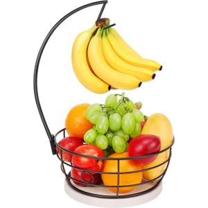 Livabber Countertop Fruit Basket Bowl with Banana Hanger, Modern Standing Fruit Vegetable Bowl Storage, with Banana Tree Holder for Kitchen Dinning Table (Round Marble, Black)