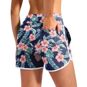 G Gradual 3" Women's Swim Shorts 3 Pockets High Waisted Board Shorts Tummy Control Swimsuit Bottoms with Liner Beach Water (Medium, Navy Flower)