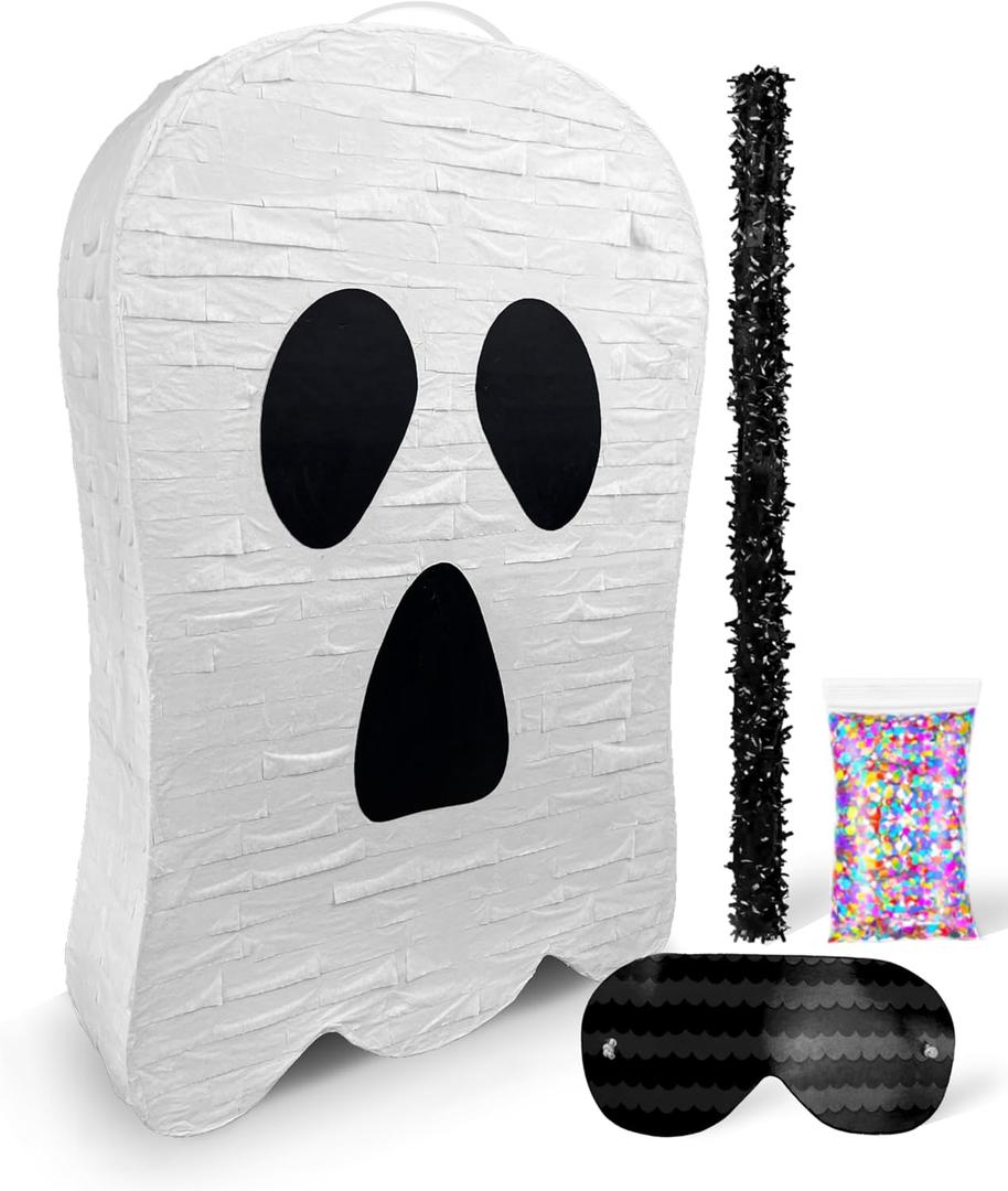 Ghost Halloween Piata with stick - 17x10"x 3" Perfect for Halloween Party Decorations, Photo Prop, October Birthday, Funny and Spooky Anniversary - Fits candy/favors
