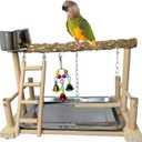 kathson Parrots Playground Bird Perch Wood Playstand Stand with Ladder Swing Feeder Cups Chew Toy for Parakeet Conure Cockatiel Budgie Lovebird Finch Small Birds