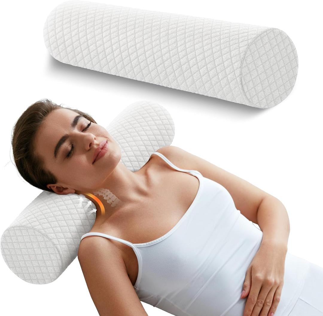 Memory Foam 4" Round Pillow, Cervical Neck Pillow for Pain Relief, Cylinder Pillows 18"x 4", Removable Cover, Neck Roll Pillow for Sleeping, White Plaid