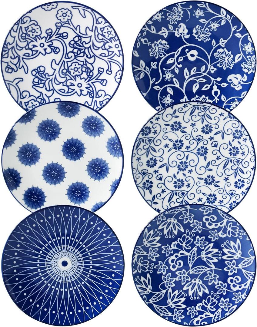 Ceramic Dessert Plates Set - 6 Inch Small Appetizer Plates for Kitchen - Salad Plate for Cake Snacks Side Dish, Microwave Dishwasher Safe, Gift, Vintage Blue
