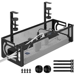 Under Desk Cable Management Tray, Cable Raceway Organizer, Cable Management Box, Cord Organizer, Under Desk Storage for Office Home - No Drill (1 Pack-Black)