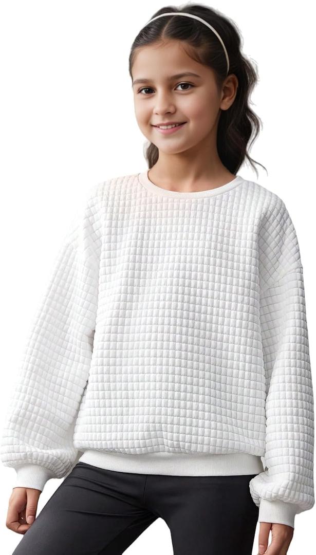 Girl Crewneck Sweatshirt Solid White Long Sleeve Tops Casual Shirts Fall Winter Clothes for 11 Y