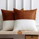 DEZENE Leather Throw Pillow Covers, Set of 2 Modern Leather/Cotton Decorative Pillowcases for Home Decor Bedroom Living Room Couch Bed Sofa, 20x20 Inch, Cognac-Brown and White