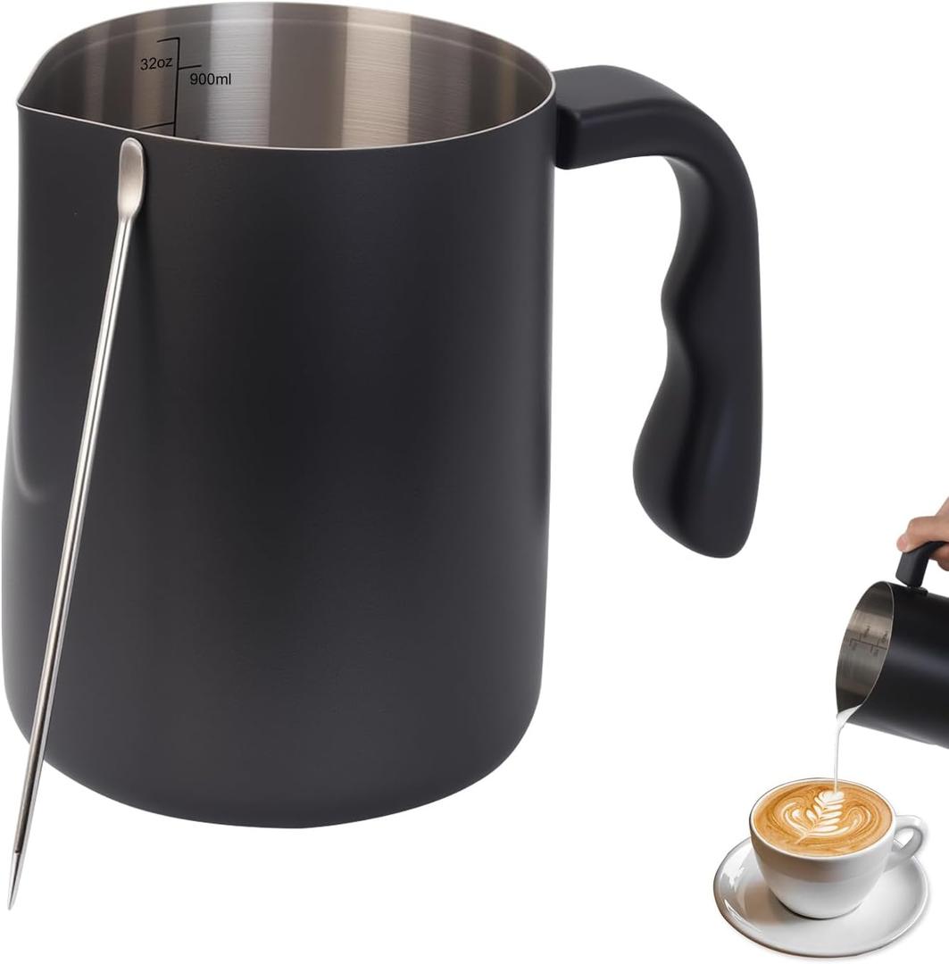 Milk Frothing Pitcher, 32OZ/1000ML Stainless Steel Coffee Frother Cup - Espresso Steaming Pitcher with Latte Art Pen for Barista-Style Coffee Making & Milk Frothing (Black)