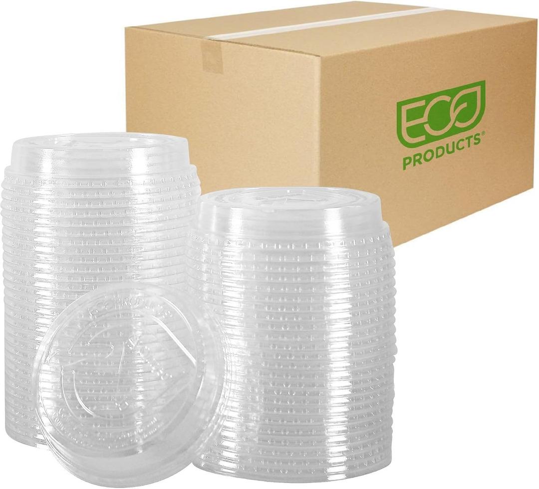 Eco-Products GreenStripe Compostable Plastic Cup Flat Lids, Case of 1000, Perforated Straw Hole, Fits 7 & 10oz Cups, Made From PLA Renewable Plant Based Plastic, Clear For Visibility