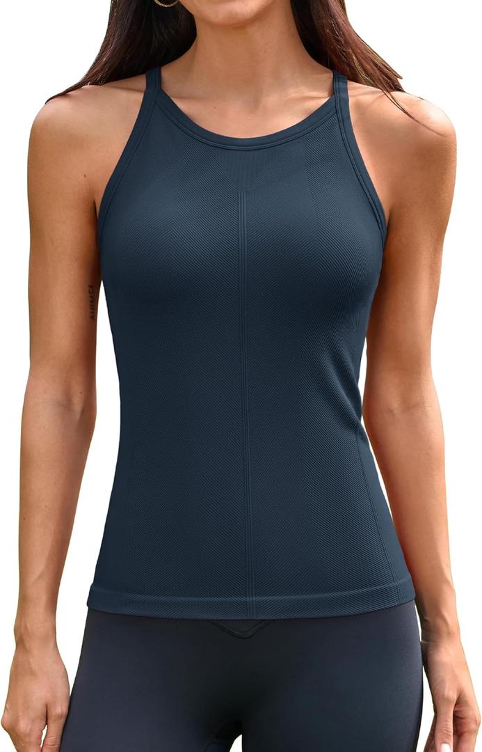 ATTRACO Women Workout Tank Tops with Built in Bra Crew Neck Basic Ribbed Tank Top Racerback Athletic Camisole Seamless (X-Large, Dark Navy)
