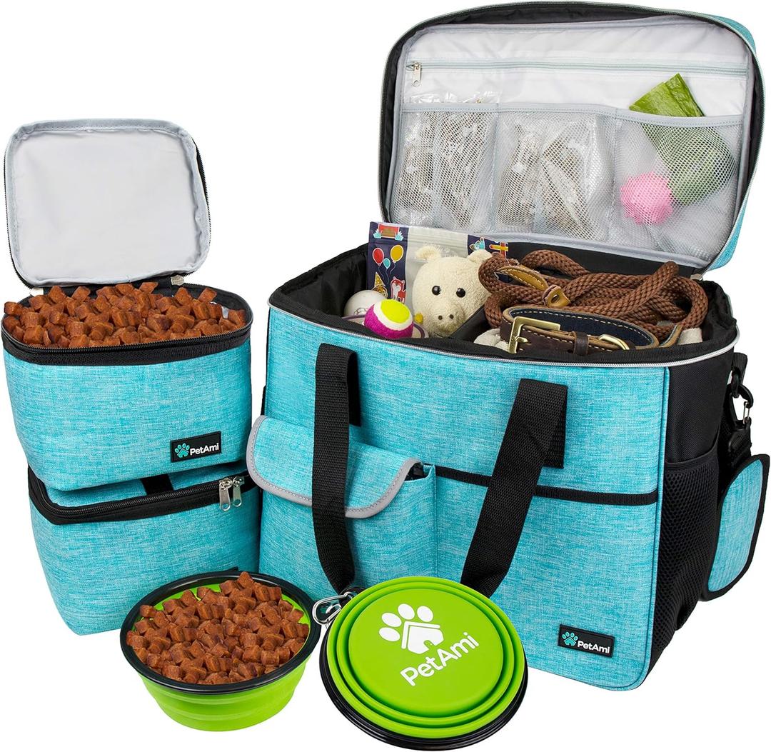 PetAmi Travel Bag Organizer - Dog & Cat Diaper Bag with Food Container and Bowls, Perfect for Weekend Camping (Sea Blue, Large) (Large - 15.5"L x 9.5"W x 14.0"H)