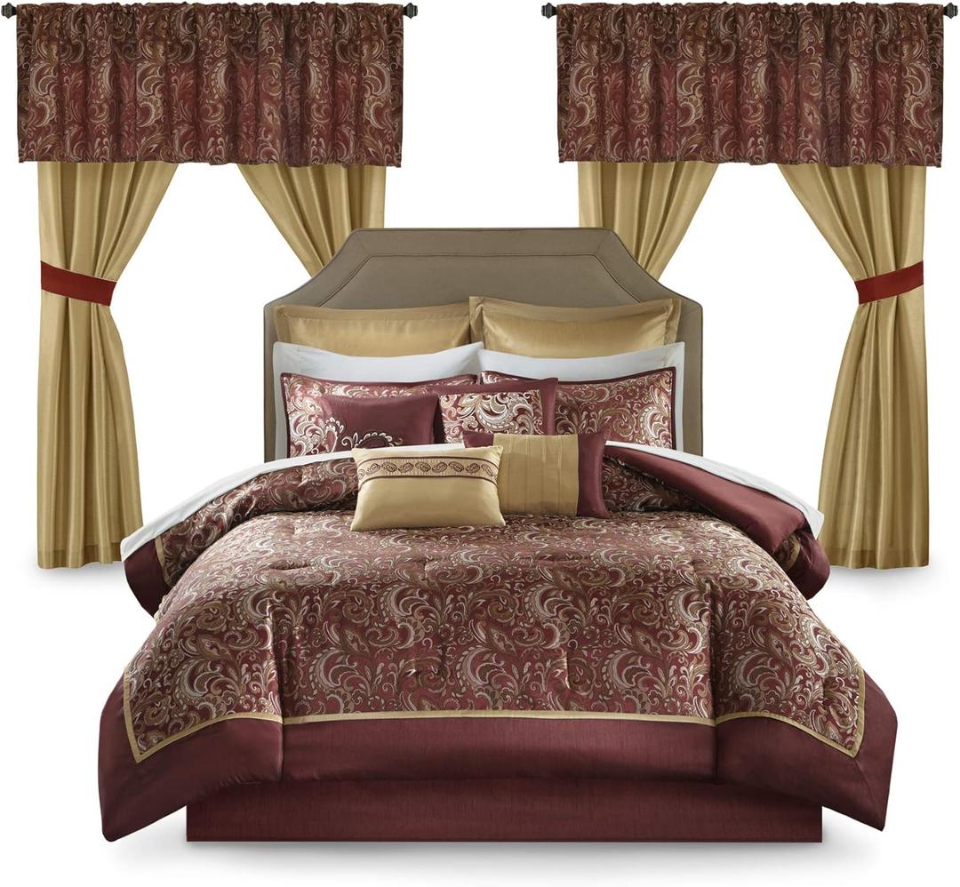 Madison Park Essentials Brystol 24 Piece Room in a Bag Faux Silk Comforter Jacquard Paisley Design Matching Curtains Down Alternative Hypoallergenic All Season Bedding-Set, King (104 in x 92 in), Red