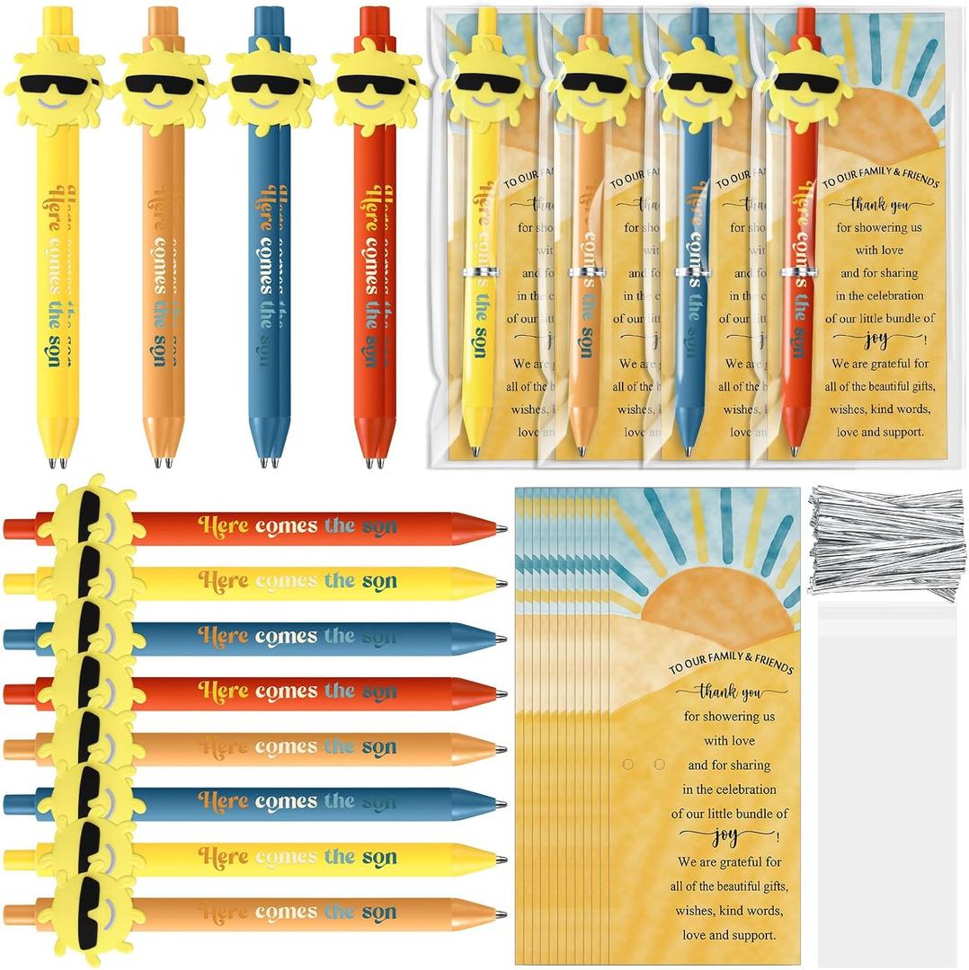 Sayglossy 40 Sets Here Comes The Son Theme Baby Shower Favors for Guests Ballpoint Thank You Card Organza Bag Boho Sunshine Baby Shower Gifts for Gender Reveal Party