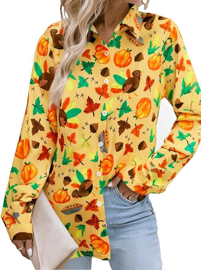 LUKYCILD Thanksgiving Shirts for Women Turkey Shirt Pumpkin Button Down Long Sleeve Blouse Thankful Shirt Fall Clothes Tops, Size Small