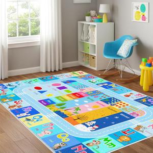 BATATADOCE Playroom Rug - ABC Rugs for Kids Playroom Educational Rug for Learning Alphabet, Numbers, Colors, Season and Animal Words Kids Play Mat for Classroom Bedroom, Blue, 4x6 Feet