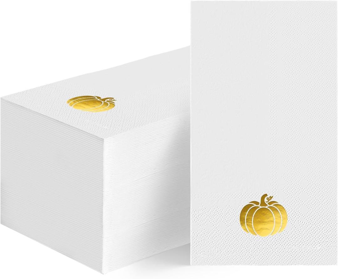 Horaldaily 100 Fall Disposable Paper Decorative Guest Napkins, Thanksgiving Autumn Harvest Gold Foil Pumpkin Hand Towel for Party Lunch Dinner Kitchen Bathroom