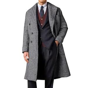 Men's Herringbone Tweed Trench Coat Dark Grey Double Breasted Notched Collar Herringbone Overcoat Men Slim Fit Trench Coat Men for Wedding Dark Grey Size L